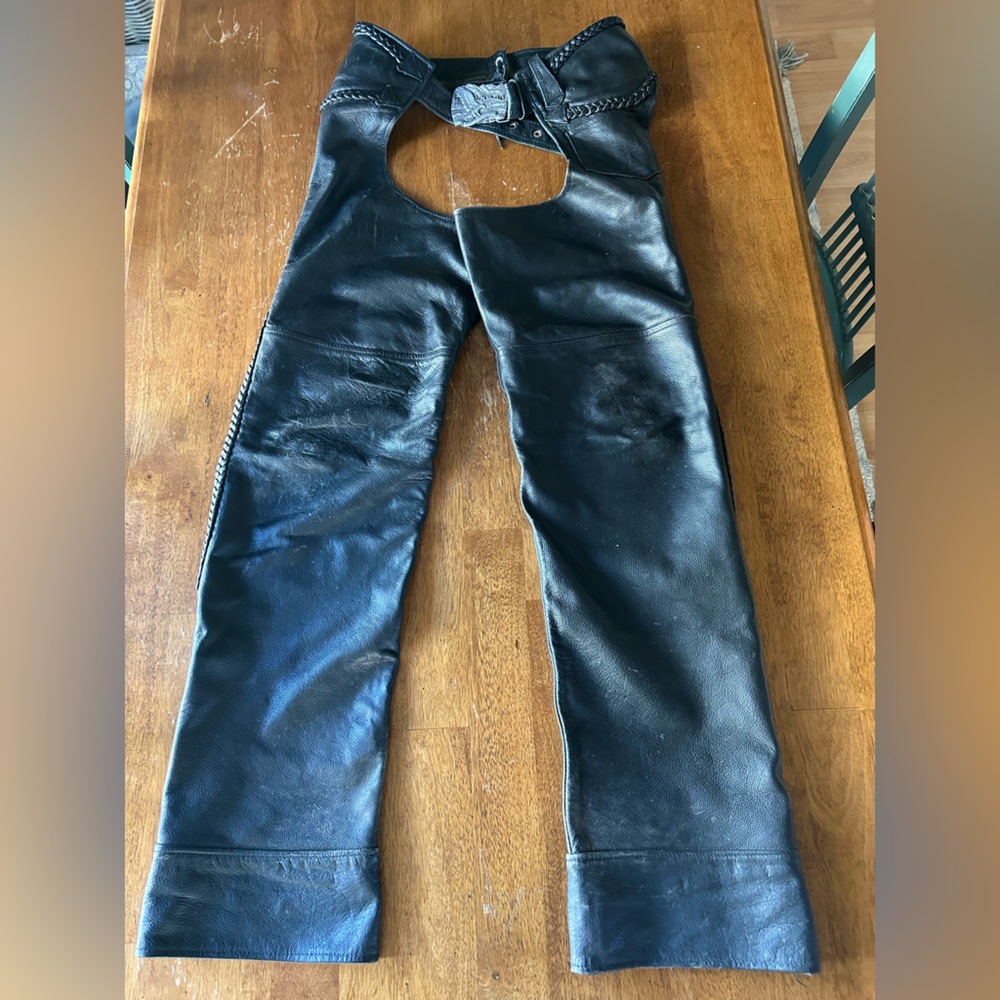 Vintage Women' Black Leather Chaps Motorcycle Riding Braided Silver Eagle Buckle